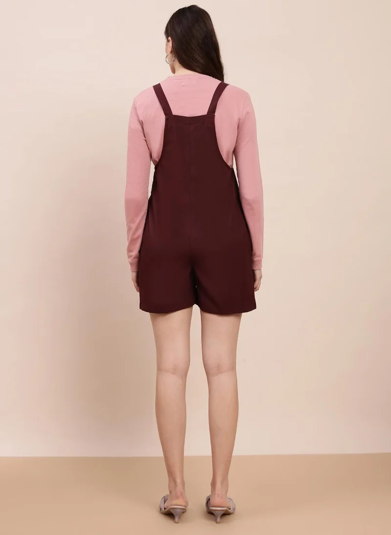 globus  Globus Women Wine Square Neck Shoulder Straps Solid Big Front Pocket Playsuit for Women | Best Price UAE